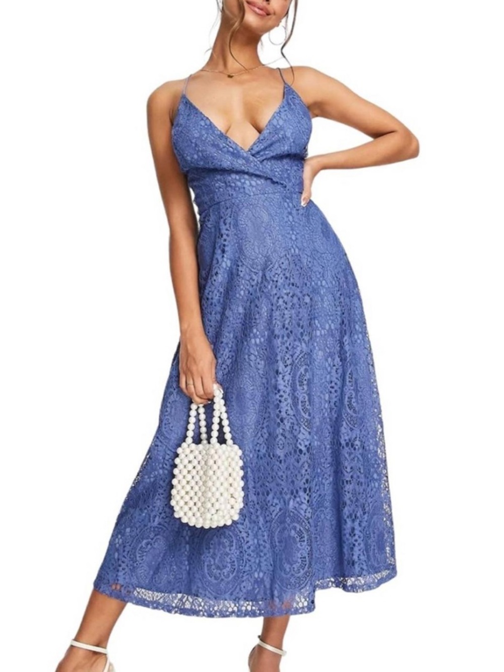 ASOS Blue Lace Plunge V‑Neck Lace Up Back Midi Dress Size 0